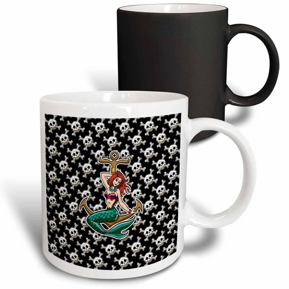 3drose, Pretty Mermaid and Anchor on Jolly Roger Skull and Crossbones, 11oz Magic Transforming Mug
