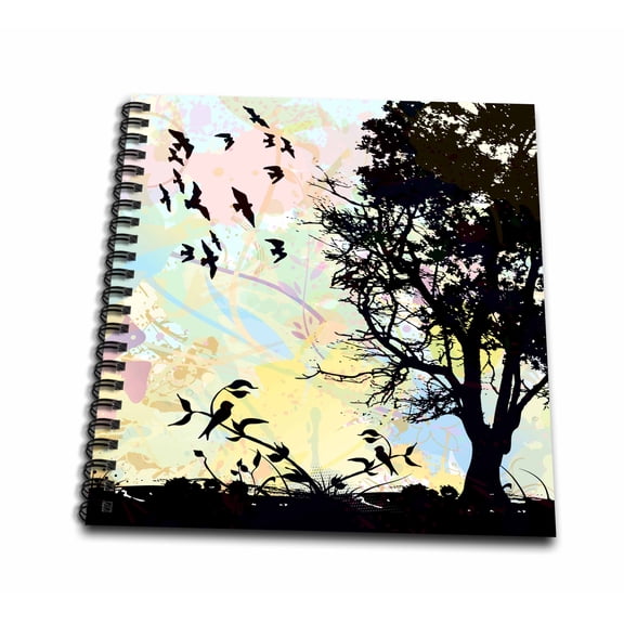 3dRose, Pretty Nature Scene Birds and Tree With Digital Watercolor Sky, Drawing Book 8 x 8 inch