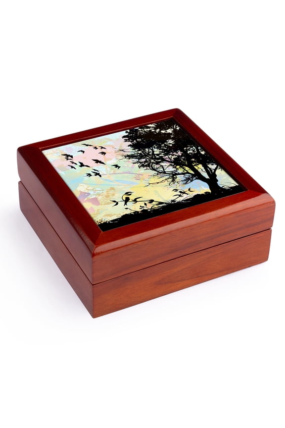 , Pretty Nature Scene Birds and Tree With Digital Watercolor Sky, Jewelry Box 5.5x5.5 inch with 4 inch tile