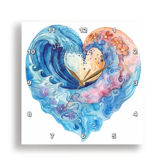 3dRose, Pretty Ocean Sunset Heart Illustration, 15x15 Wall Clock