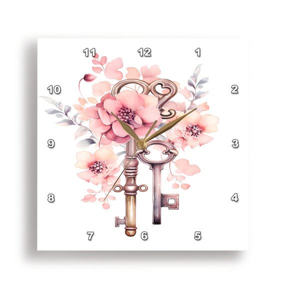 3dRose, Pretty Pink Floral Keys Illustration, 15x15 Wall Clock