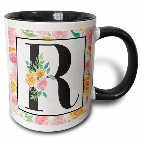 3drose, Pretty Pink Floral Monogram Initial R, 11oz Two-tone Black Mug