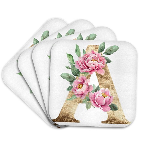 3drose, Pretty Pink Peony Floral Monogram Initial A, Set of 4 Coasters - Soft