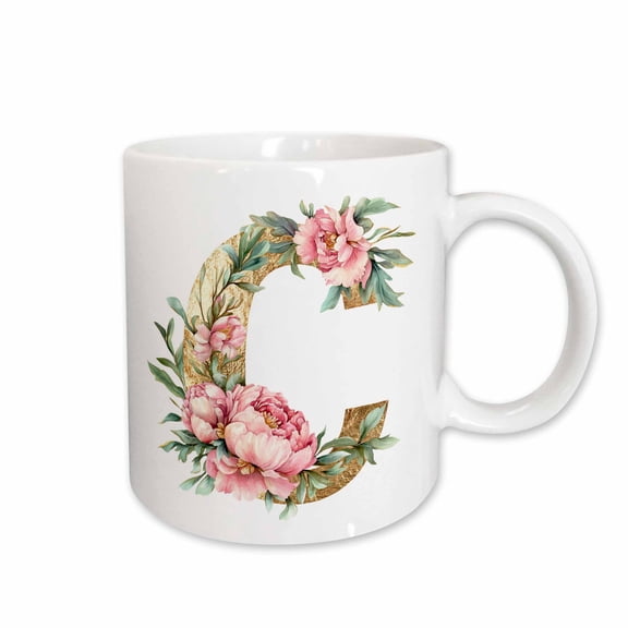 3drose, Pretty Pink Peony Floral Monogram Initial C, 11oz Mug