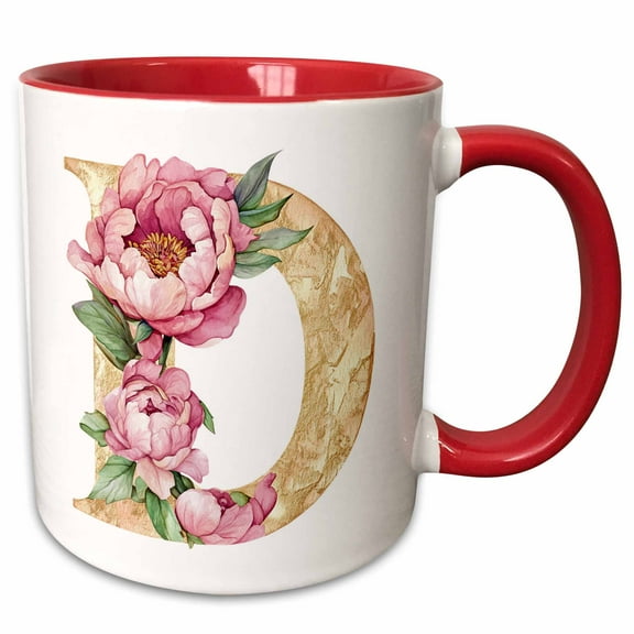 3drose, Pretty Pink Peony Floral Monogram Initial D, 11oz Two-tone Red Mug