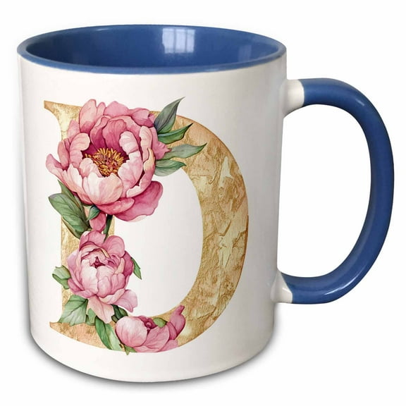 3drose, Pretty Pink Peony Floral Monogram Initial D, 15oz Two-tone Blue Mug