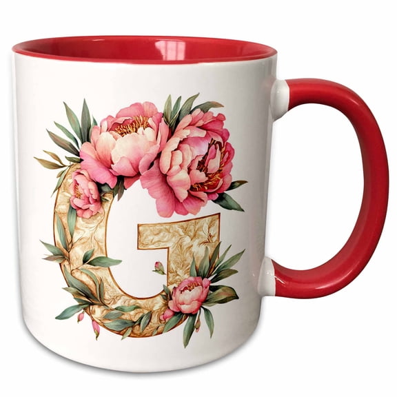 3drose, Pretty Pink Peony Floral Monogram Initial G, 11oz Two-tone Red Mug