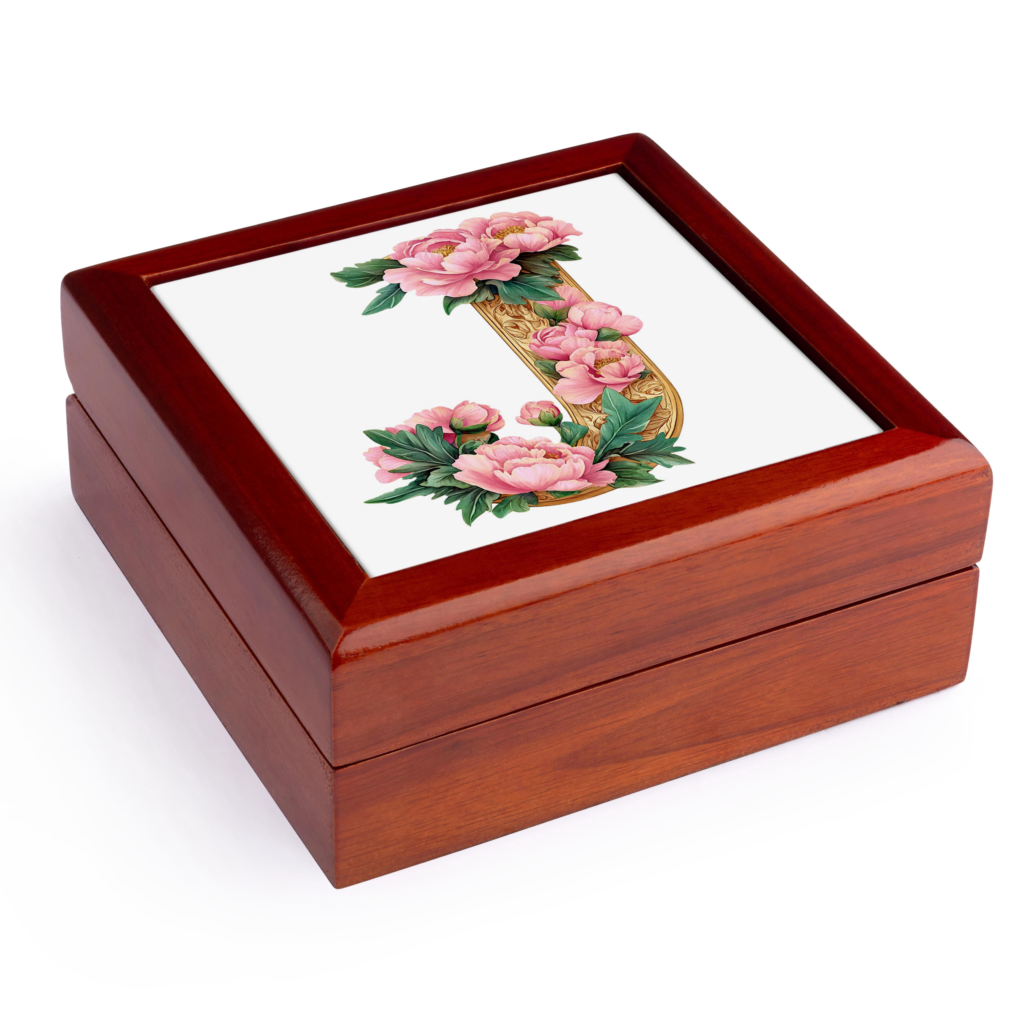 3dRose, Pretty Pink Peony Floral Monogram Initial J, Jewelry Box 5.5x5.5 inch with 4 inch tile