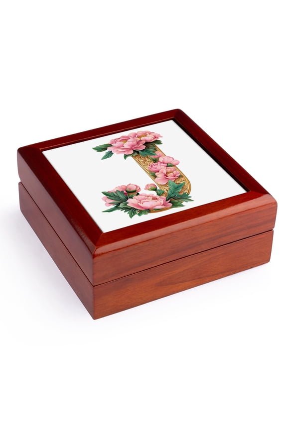 , Pretty Pink Peony Floral Monogram Initial J, Jewelry Box 5.5x5.5 inch with 4 inch tile