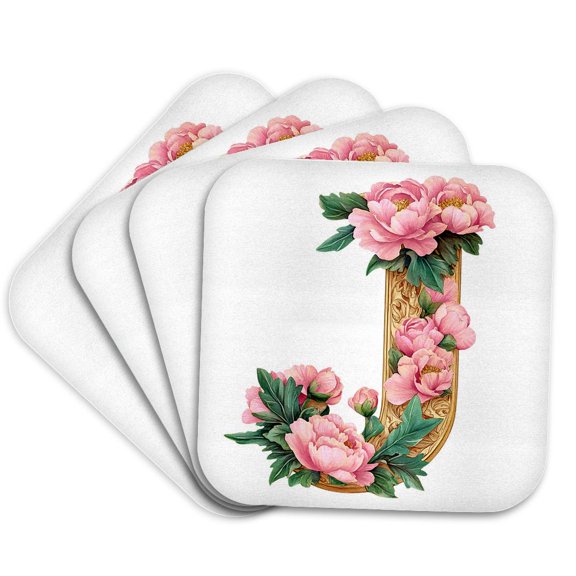 3drose, Pretty Pink Peony Floral Monogram Initial J, Set of 4 Coasters - Soft