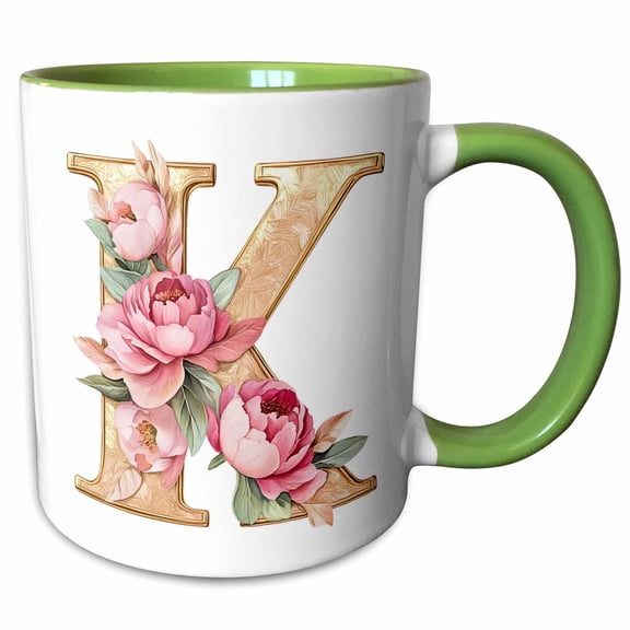 3drose, Pretty Pink Peony Floral Monogram Initial K, 11oz Two-tone Green Mug