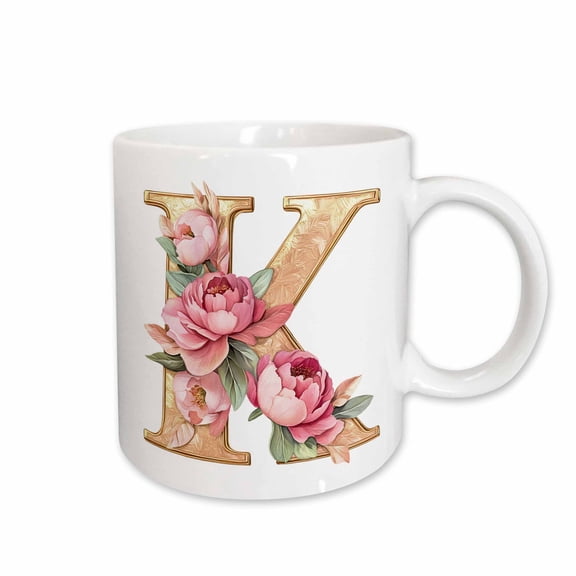 3drose, Pretty Pink Peony Floral Monogram Initial K, 15oz Mug