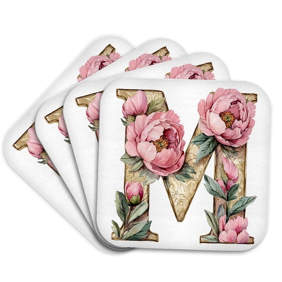 3drose, Pretty Pink Peony Floral Monogram Initial M, Set of 4 Coasters - Soft