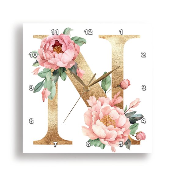 3dRose, Pretty Pink Peony Floral Monogram Initial N, 15x15 Wall Clock