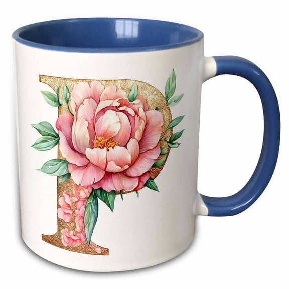 3drose, Pretty Pink Peony Floral Monogram Initial P, 15oz Two-tone Blue Mug