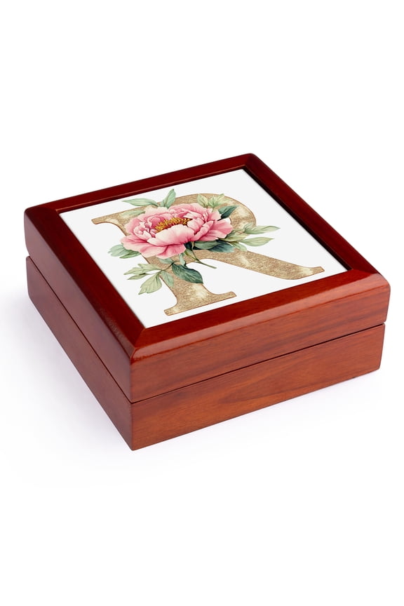 , Pretty Pink Peony Floral Monogram Initial R, Jewelry Box 5.5x5.5 inch with 4 inch tile