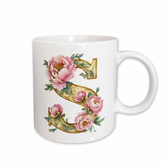 3drose, Pretty Pink Peony Floral Monogram Initial S, 11oz Mug