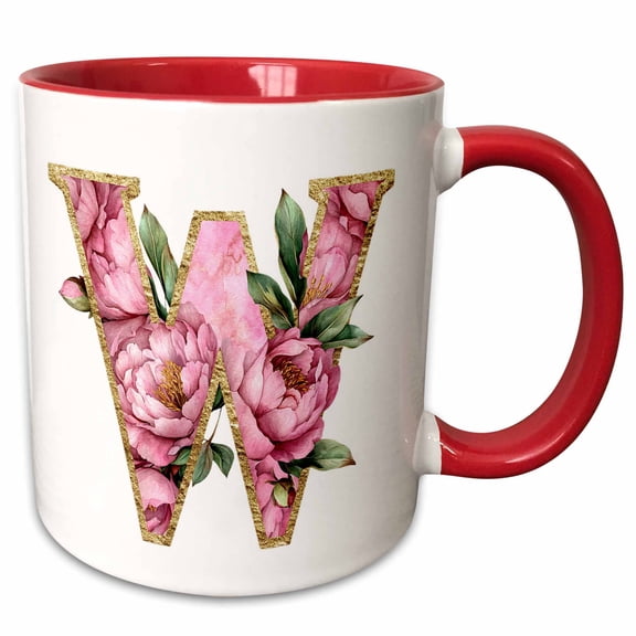 3drose, Pretty Pink Peony Floral Monogram Initial W, 11oz Two-tone Red Mug