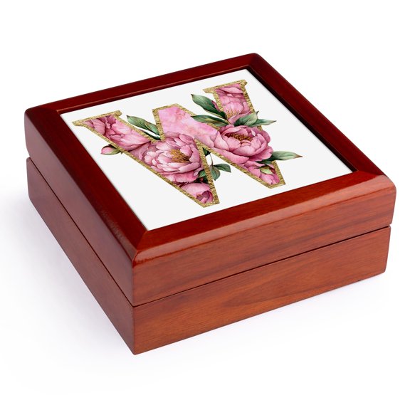 3dRose, Pretty Pink Peony Floral Monogram Initial W, Jewelry Box 5.5x5.5 inch with 4 inch tile