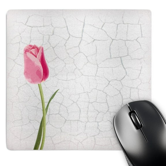 3dRose, Pretty Pink Tulip on Faux White Crackle Paint Background, MousePad