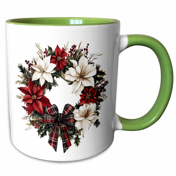3drose, Pretty Poinsettia and Christmas Floral Wreath with a Plaid Bow, 11oz Two-tone Green Mug