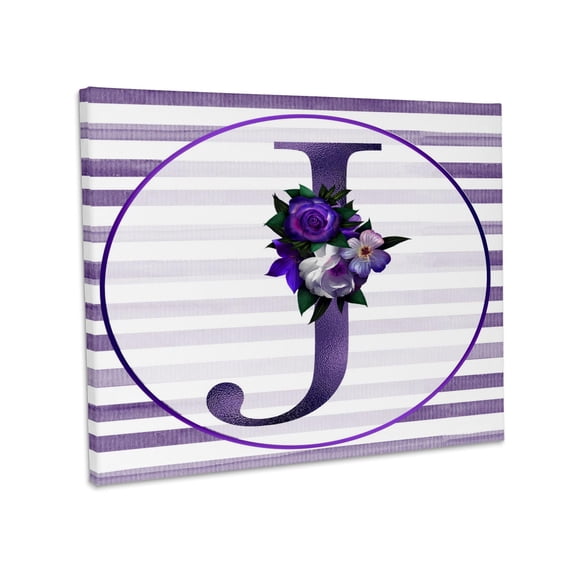 3dRose, Pretty Purple Floral and Stripes Monogram Initial J, Museum Grade Canvas Wrap 10x8
