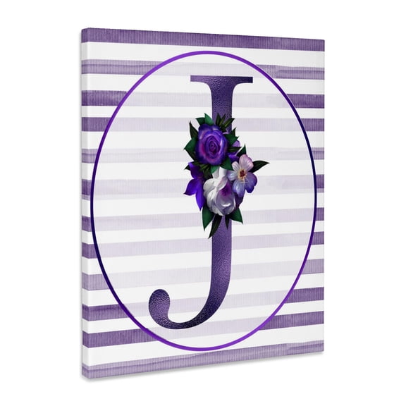 3dRose, Pretty Purple Floral and Stripes Monogram Initial J, Museum Grade Canvas Wrap 11x14