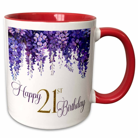 3drose, Pretty Purple Wisteria Happy 21st Birthday, 11oz Two-tone Red Mug