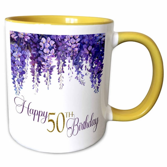 3drose, Pretty Purple Wisteria Happy 50th Birthday, 11oz Two-tone Yellow Mug