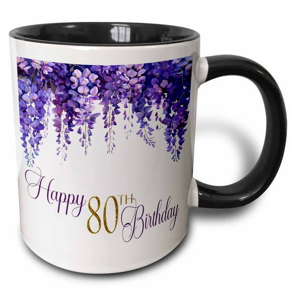 3drose, Pretty Purple Wisteria Happy 80th Birthday, 15oz Two-tone Black Mug