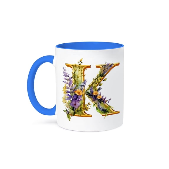 3drose, Pretty Purple and Image of Gold Floral Monogram K, 11oz Two-tone Blue Mug