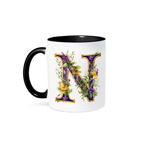 3drose, Pretty Purple and Image of Gold Floral Monogram N, 15oz Two-tone Black Mug
