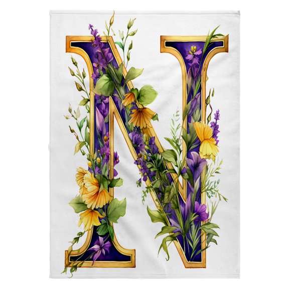 3dRose, Pretty Purple and Image Of Gold Floral Monogram N, 22x30 Bath Hand Pool Towel