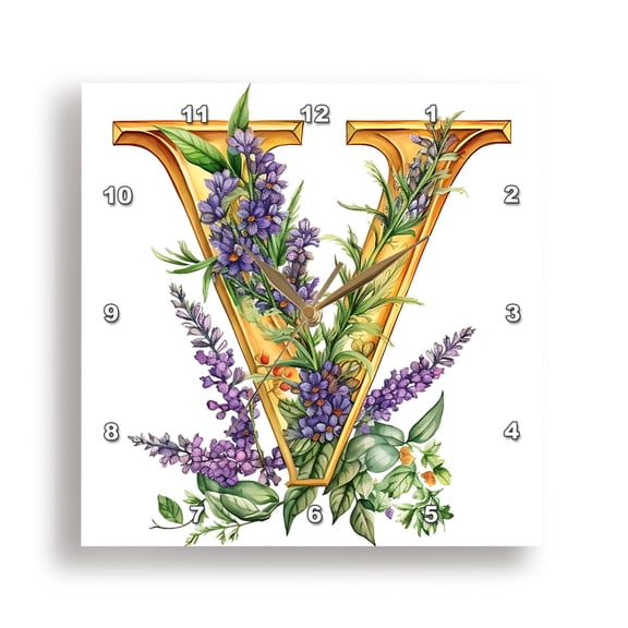 3dRose, Pretty Purple and Image Of Gold Floral Monogram V, 15x15 Wall Clock