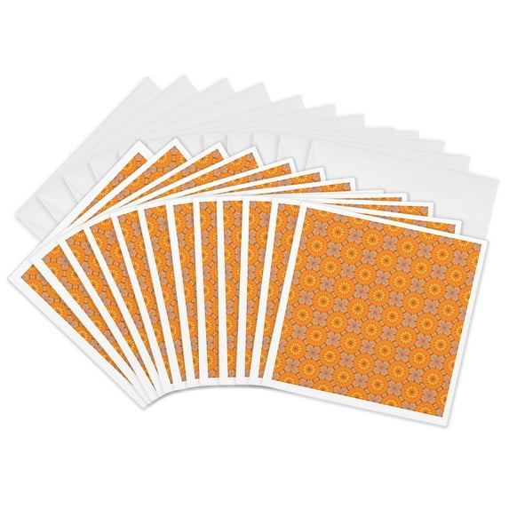 3drose, Pretty Soft Orange Flower Circles Against a Soft Pink Background Kaleidoscope Pattern, 12 Greeting Cards with Envelopes