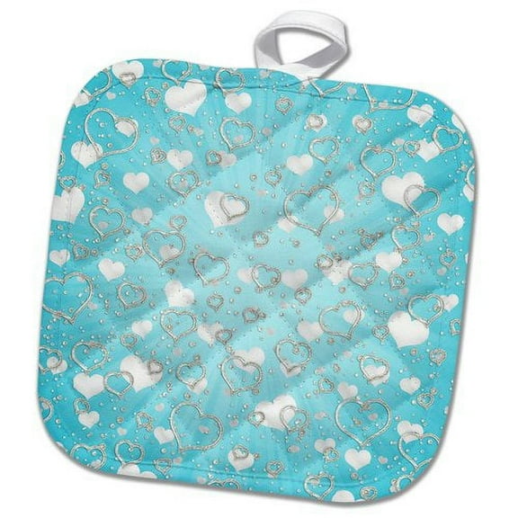 3dRose, Pretty Sparkly Silver and Aqua Hearts and Confetti Pattern, 8x8 Potholder