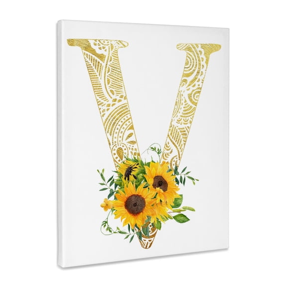 3dRose, Pretty Sunflowers Image Of Gold Ornamental Monogram Initial V, Museum Grade Canvas Wrap 11x14