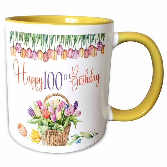 3drose, Pretty Tulips Happy 100th Birthday, 15oz Two-tone Yellow Mug