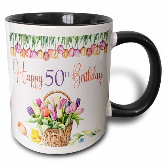 3drose, Pretty Tulips Happy 50th Birthday, 15oz Two-tone Black Mug