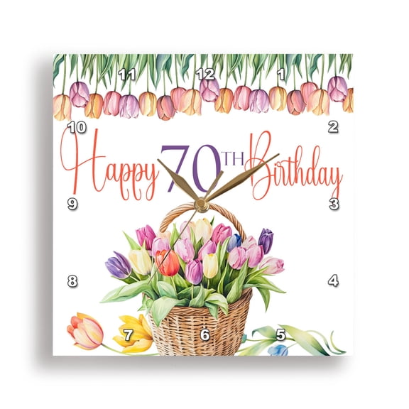 3dRose, Pretty Tulips Happy 70th Birthday, 15x15 Wall Clock