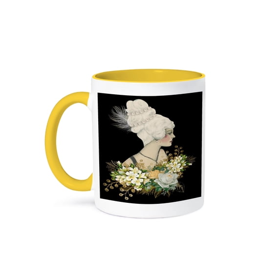 3dRose, Pretty Vintage Lady Profile With Floral Illustration, 11oz Two-Tone Yellow Mug