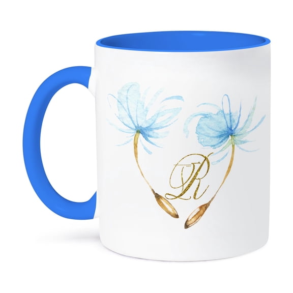 3dRose, Pretty Watercolor Blue Dandelion Wishes, Gold Monogram R Design, 11oz Two-Tone Blue Mug