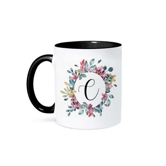 3dRose, Pretty Watercolor Floral Circle Frame With A Monogram Initial C, 15oz Two-Tone Black Mug