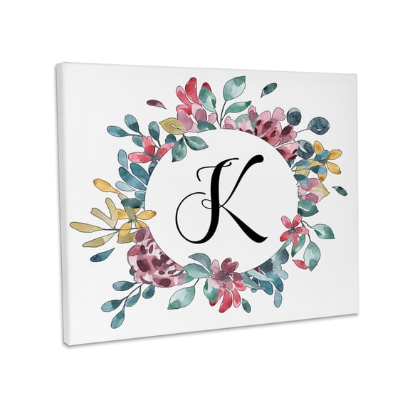 3dRose, Pretty Watercolor Floral Circle Frame With A Monogram Initial K, Museum Grade Canvas Wrap 20x16