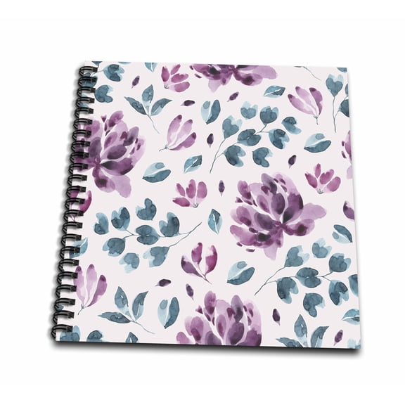3dRose, Pretty Watercolor Purple and Blue Floral and Leaves On Light Blue, Mini Notepad 4 x 4 inch