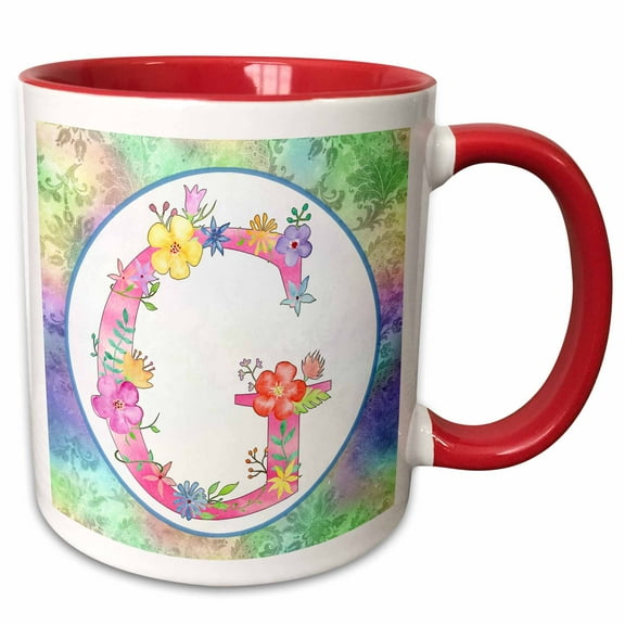 3drose, Pretty Whimsical Pink Flower Monogram Initial G, 11oz Two-tone Red Mug