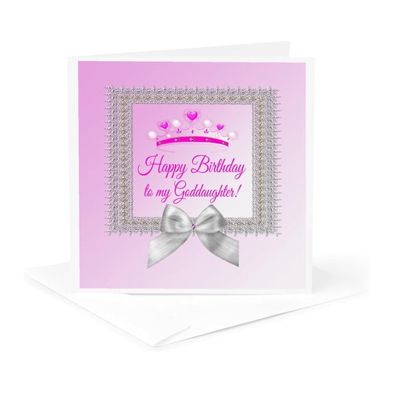 3dRose, Princess Crown Silver Frame, Bow, Happy Birthday, Goddaughter, Pink, 1 Greeting Card with envelope