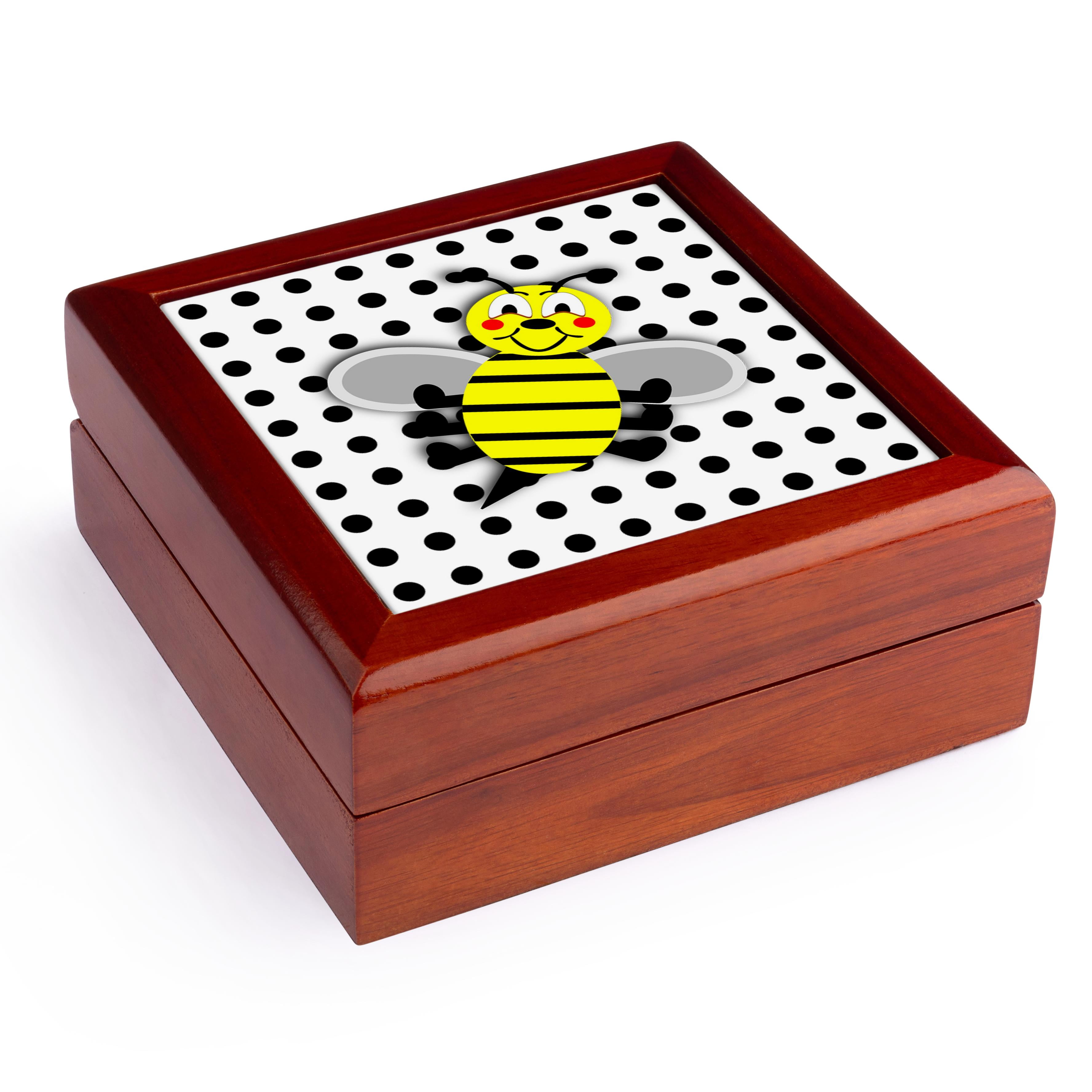 3dRose, Print of Cute Bumble Bee Cartoon On Dots, Jewelry Box 5.5x5.5 inch with 4 inch tile