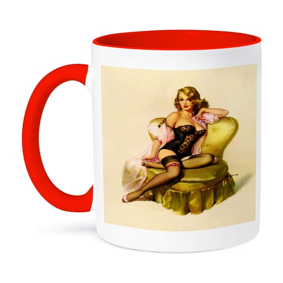 3dRose, Print of Elvgren Pinup Waiting for You In Lingerie, 11oz Two-Tone Red Mug