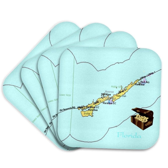 3drose, Print of Florida Keys Map with Treasure Chest, Set of 4 Coasters - Soft